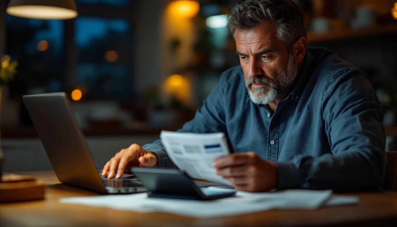 A person at a kitchen table reviewing a stack of credit-card and bank statements with a calculator and notebook